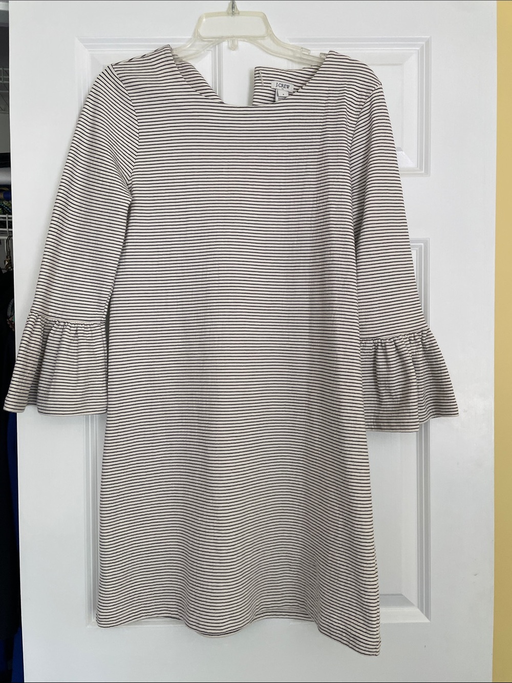 J. Crew Cream and Black Striped Bell-Sleeve Shift Dress